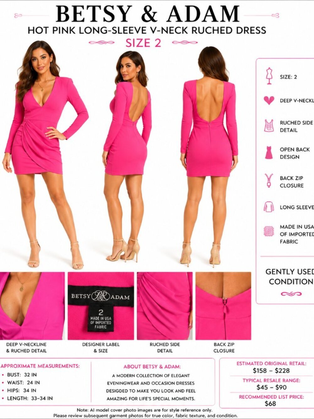 Betsy & Adam Hot Pink Ruched Open-Back Dress Size 2